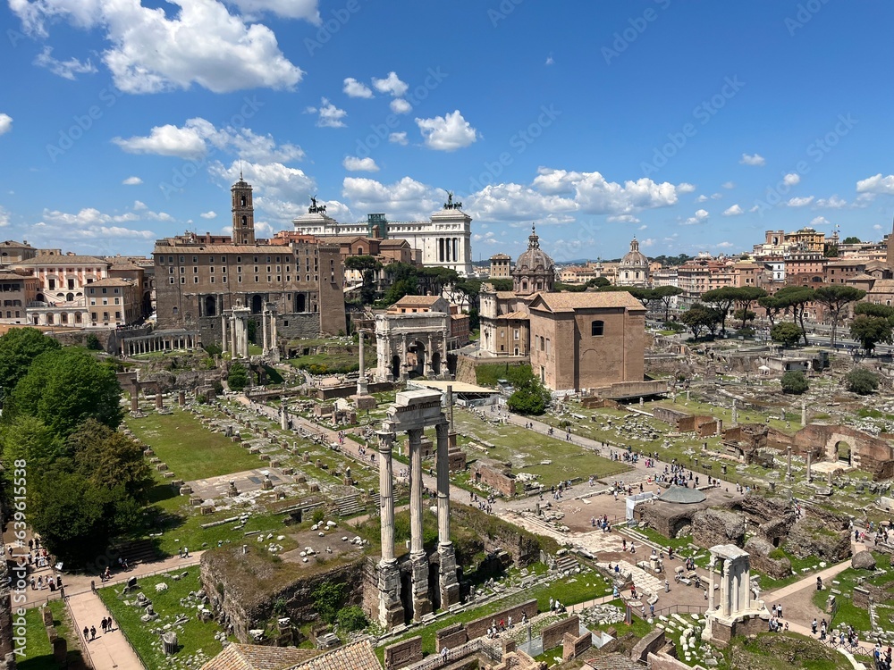 The Roman Forum is a rectangular forum (plaza) surrounded by the ruins of several important ancient government buildings at the center of the city of Rome. 