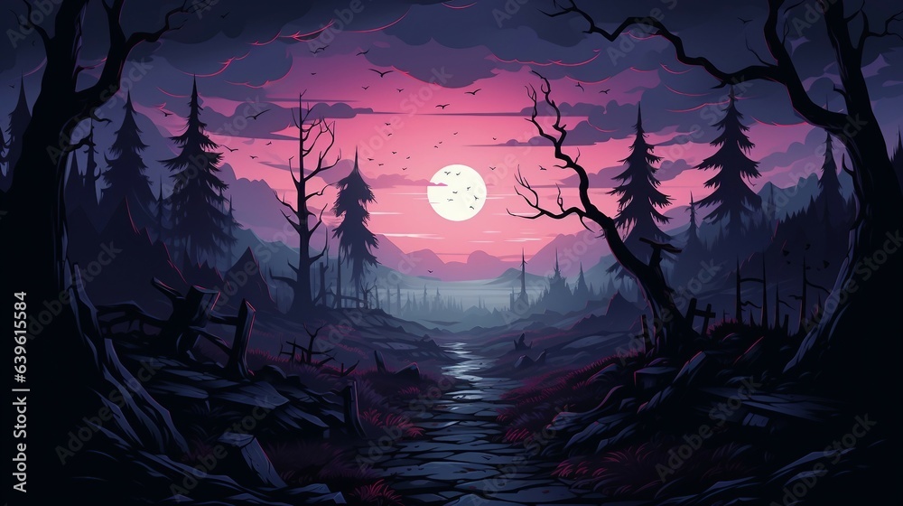 Dark forest with a path at night with full moon in the sky illustration AI Generated