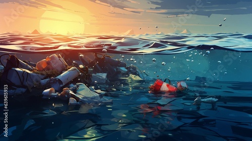 Plastic pollution in the ocean illustration AI Generated