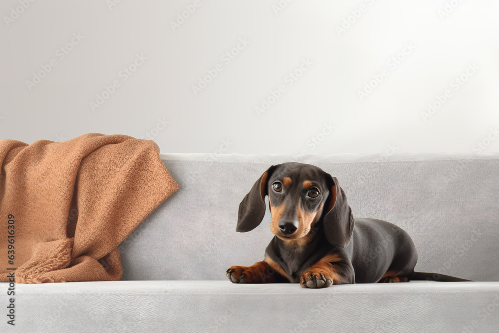 Image of cute dachshundr dog lying on sofa. Pet. animals. Illustration, Generative AI.