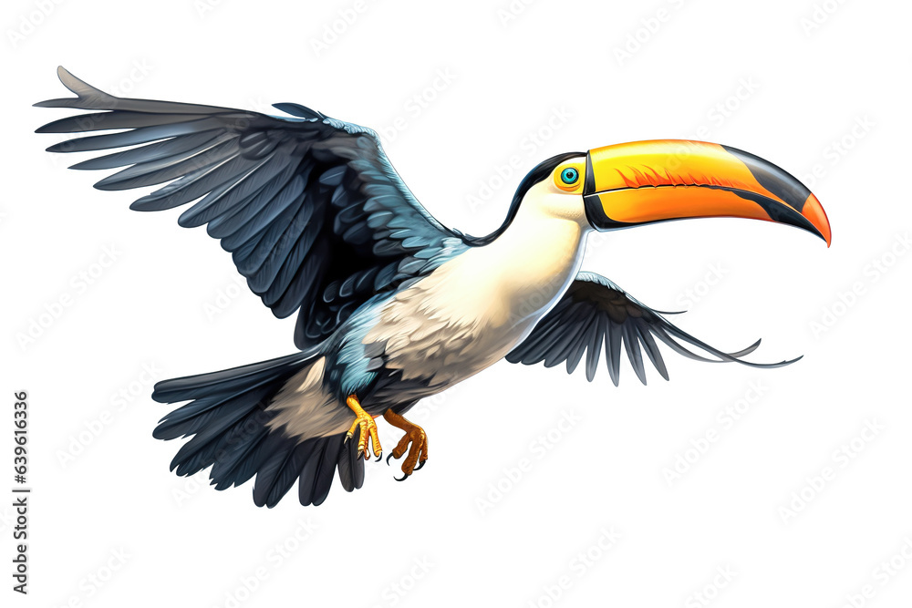 Fototapeta premium Image of a toucan with spread wings in flight on a white background. Wildlife. Bird. Illustration, Generative AI.