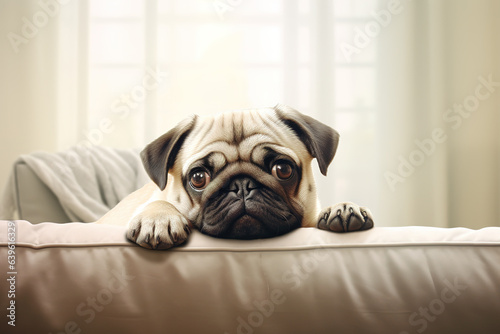 Image of cute pug dog lying on sofa. Pet. animals. Illustration, Generative AI. © yod67
