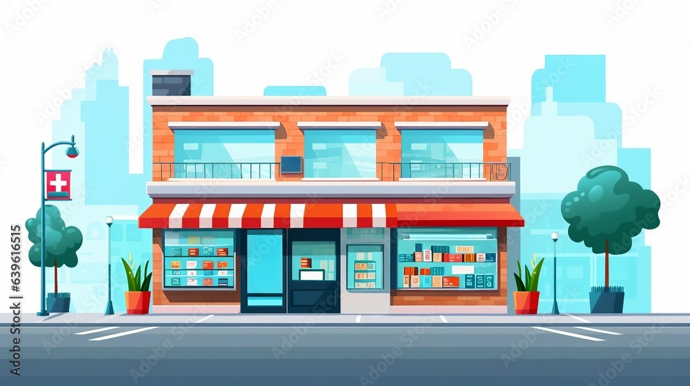 Pharmacy storefront facade with plants illustration AI Generated