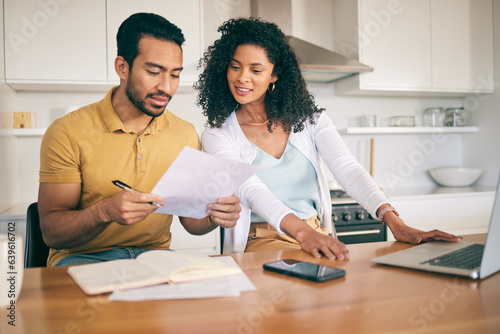 Couple, insurance paperwork and budget planning with laptop, bills and finance with taxes and mortgage. Financial documents, payment and loan with policy, audit and review with asset management photo