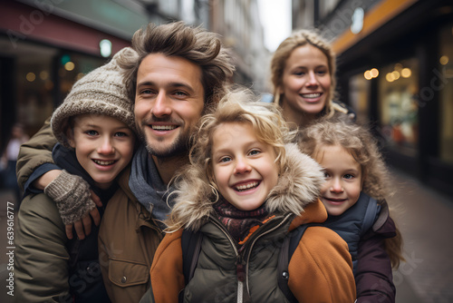 Familiy portrait of parent and children, winter street view.