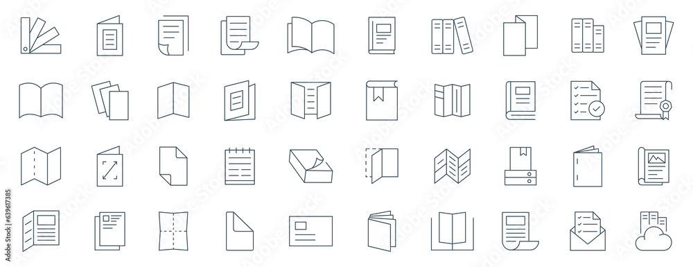 Flyer Brochure line icon set. letterhead, booklet, leaflet, corporate catalog, envelope vector illustration