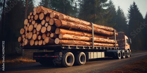 A stack of wooden logs in big trailer vehicle.