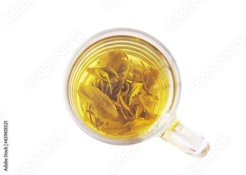 Green tea in a transparent glass cup. View from above. On a white background.
