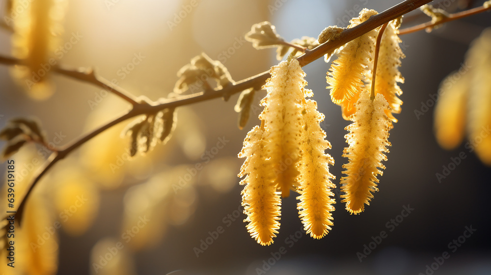 Naklejka premium Pollen Catkins and Illuminated Yellow Flower Pollen: A Natural Beauty