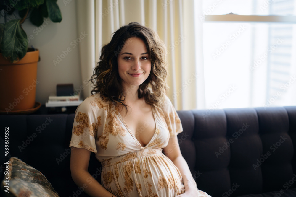 Candid portrait of a young, pregnant woman in her living room, emotions of excitement and apprehension. The natural beauty of impending motherhood shines through in a comfortable setting at home. Candid portrait of a young, pregnant woman in her living room, emotions of excitement and apprehension. The natural beauty of impending motherhood shines through in a comfortable setting at home.