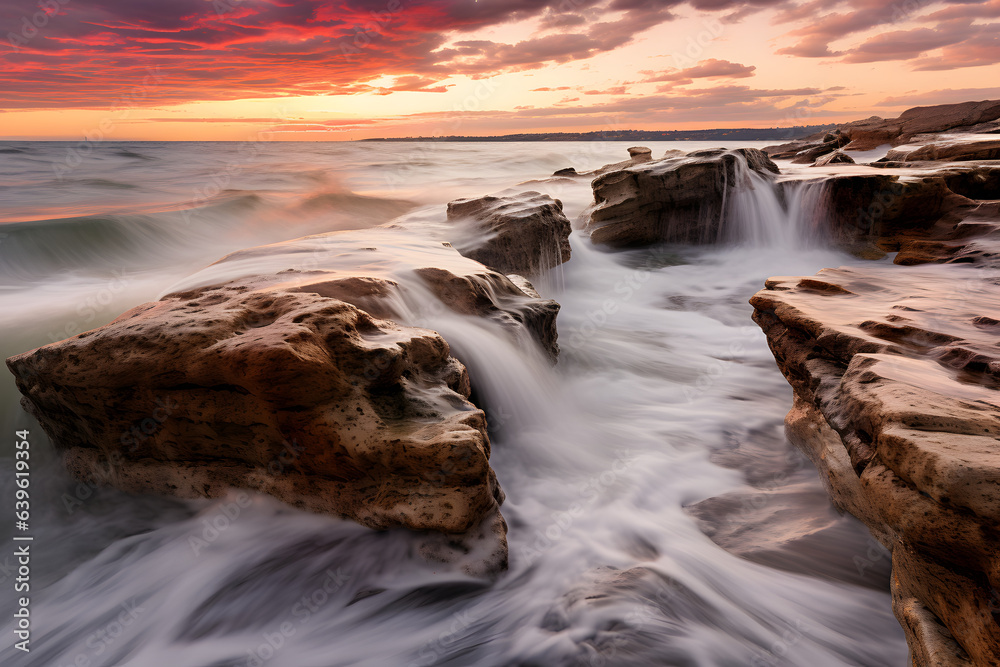 Breathtaking images of rocks in the ocean at sunset.