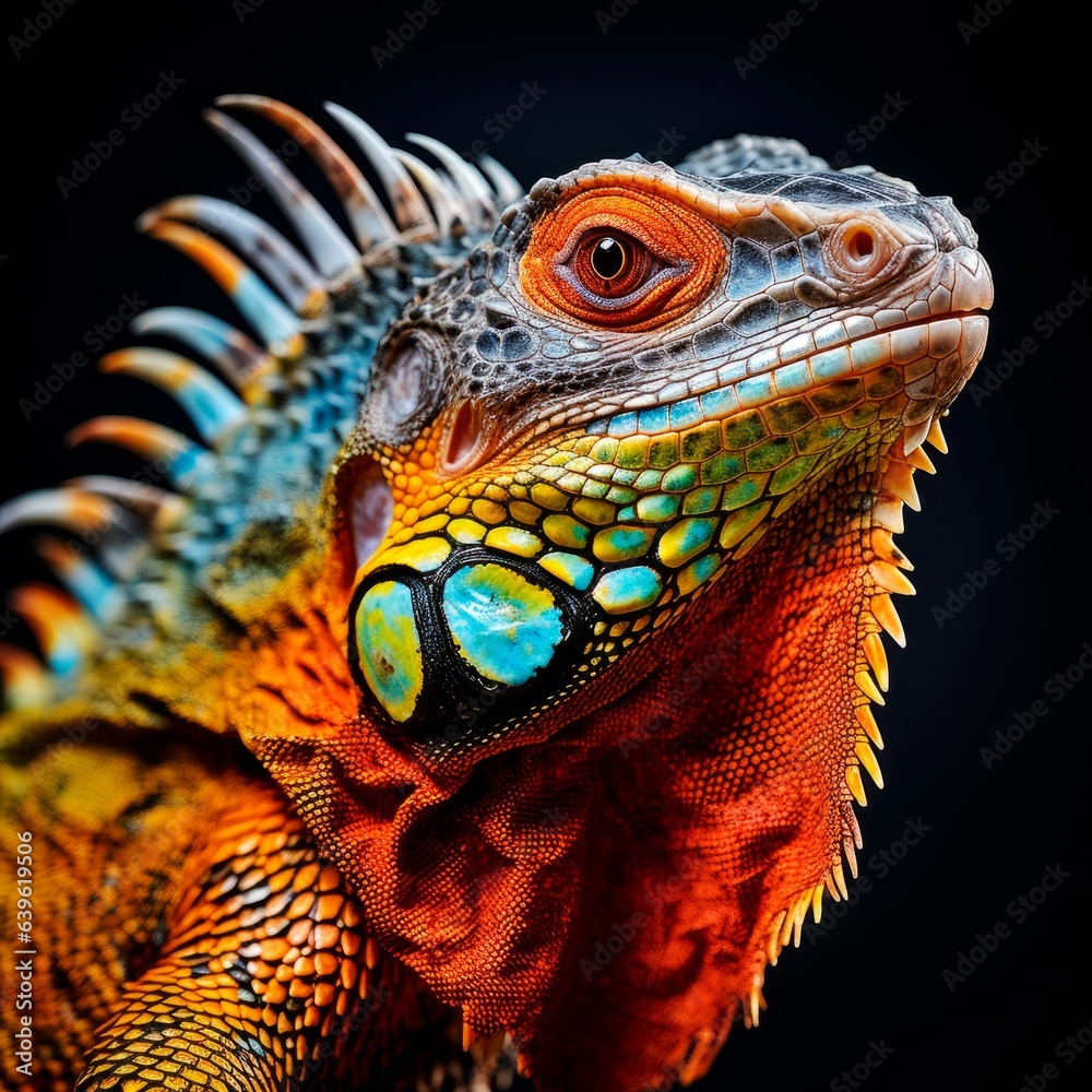 Fototapeta premium Portrait of colored iguana in profile on a black background. Exotic iguana.
