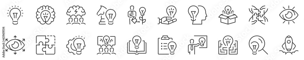 Creative ideas and solutions, thin line icon set. Symbol collection in transparent background. Editable vector stroke. 512x512 Pixel Perfect.