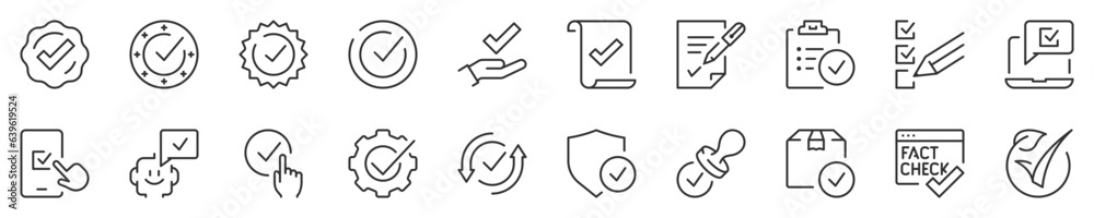 © Artco - Checkmark and quality product, thin line icon set. Symbol collection in transparent background. Editable vector stroke. 512x512 Pixel Perfect.