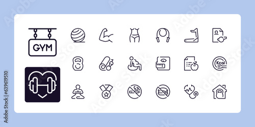 Fitness, gym and health care line icon set 2 of 2. Outline symbol collection. Editable vector stroke. 48 and 96 Pixel Perfect scalable to 192px, 384px...