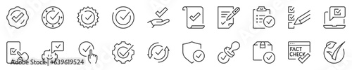 Checkmark and quality product, thin line icon set. Symbol collection in transparent background. Editable vector stroke. 512x512 Pixel Perfect.