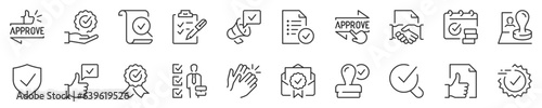 Approval and certified concepts, thin line icon set. Symbol collection in transparent background. Editable vector stroke. 512x512 Pixel Perfect.