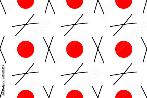 Japanese traditional abstraction. Red sun and chopsticks.  Oriental Asia. Trendy, stylish, fashionable, seamless vector pattern for design and decoration.