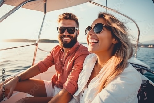 Beautiful couple looking in sunset from the yacht. AI generated