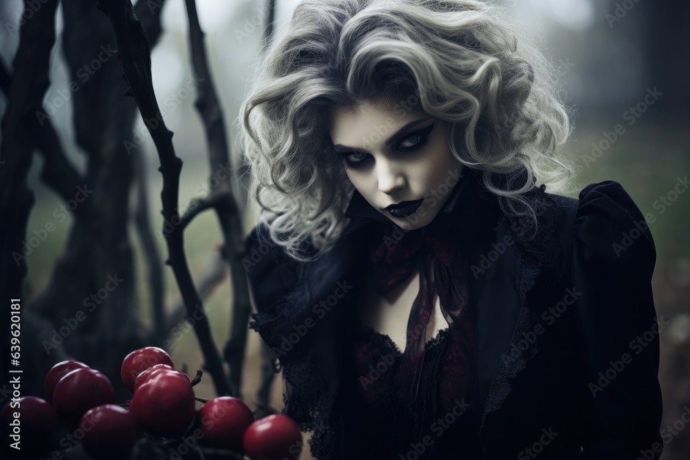 Fashion portrait of a vampire woman with beautiful dark makeup outside - obrazy, fototapety, plakaty 