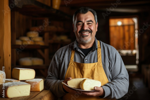 Farmer cheesemaker hold big slice of cheese in hand. Cheese with big holes. head of handcrafted hard cheese. Homemade cheese production.