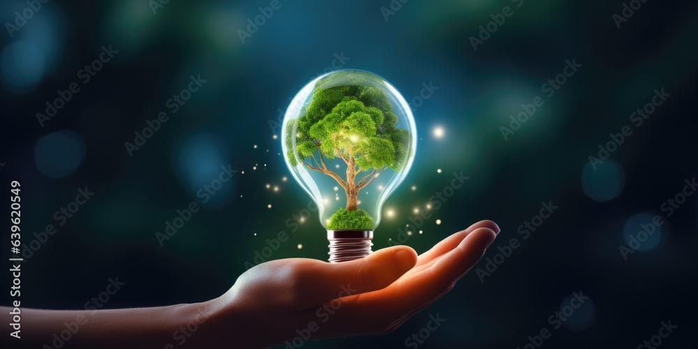 Hand holding light bulb with growing tree. Ecological friendly and sustainable environment, Saving energy and eco concept, Technology, Environment, Ecology concept, generative ai - obrazy, fototapety, plakaty 