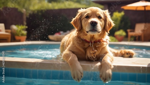 An adorable golden retriever that wont leave his pool