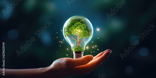 Hand holding light bulb with growing tree. Ecological friendly and sustainable environment, Saving energy and eco concept, Technology, Environment, Ecology concept, generative ai