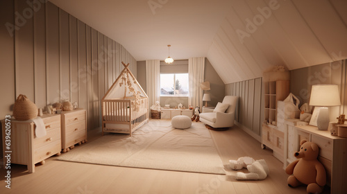 Child room with natural beige colors and wooden furniture. Interior of cozy kids bedroom. Nursery room in cozy warm family style. 
