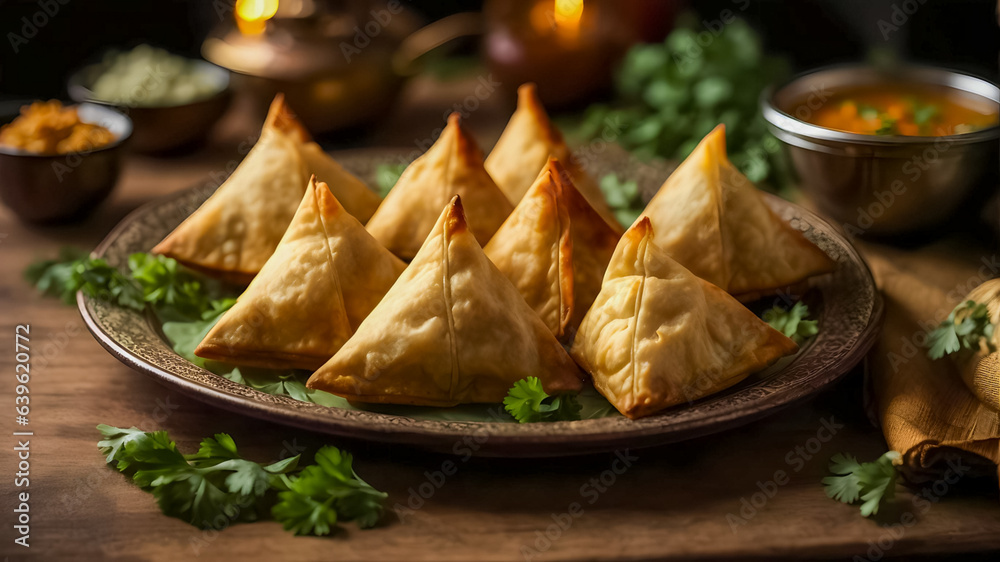 
Fried Vegetarian samsa or samosas Indian special traditional street food Snacks.Samosa snack served with tomato ketchup and chutney on a table