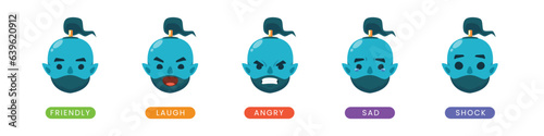 Emoticon set of the blue genie. Isolated Vector Illustration