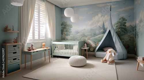 Child room with natural light blue colors and wooden furniture. Interior of cozy kids bedroom. Nursery room in cozy warm family style. 