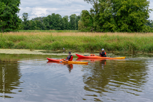 Kayakers Watching A Great Blue Heron Feeding On The River Shoreline In Summer In Wisconsin