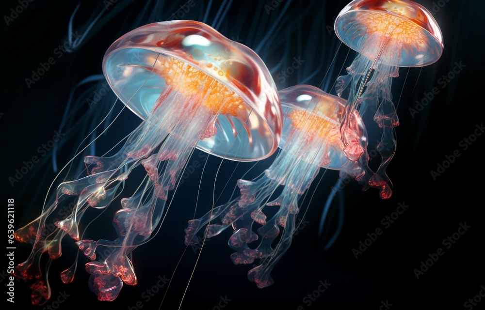 Diamond jellyfish floating upwards. Diamond collection of animals. 3D of a seamless loop. Generative AI