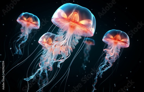 Diamond jellyfish floating upwards. Diamond collection of animals. 3D of a seamless loop. Generative AI