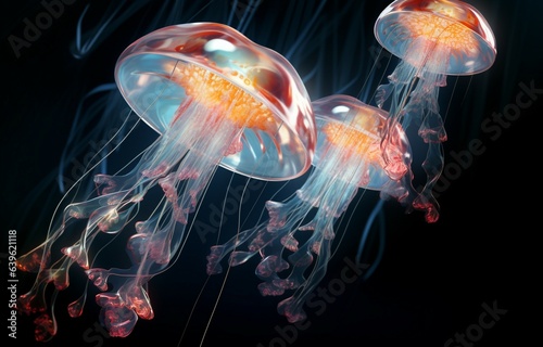 Diamond jellyfish floating upwards. Diamond collection of animals. 3D of a seamless loop. Generative AI © gdgaffar