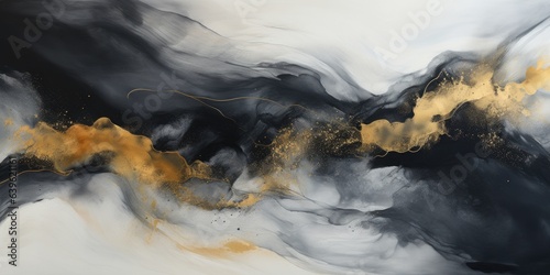 Gold and black texture abstract on white background, painting made of gold leaf on a white background, Very beautiful black paint with addition of gold powder, Natural Luxury,  generative ai © OP38Studio