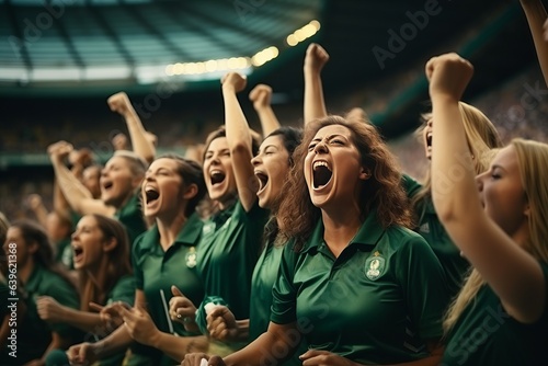 A group of girls - a female football sports team in green uniform cheering because of victory in a game after making a goal at the stadium or a soccer field
