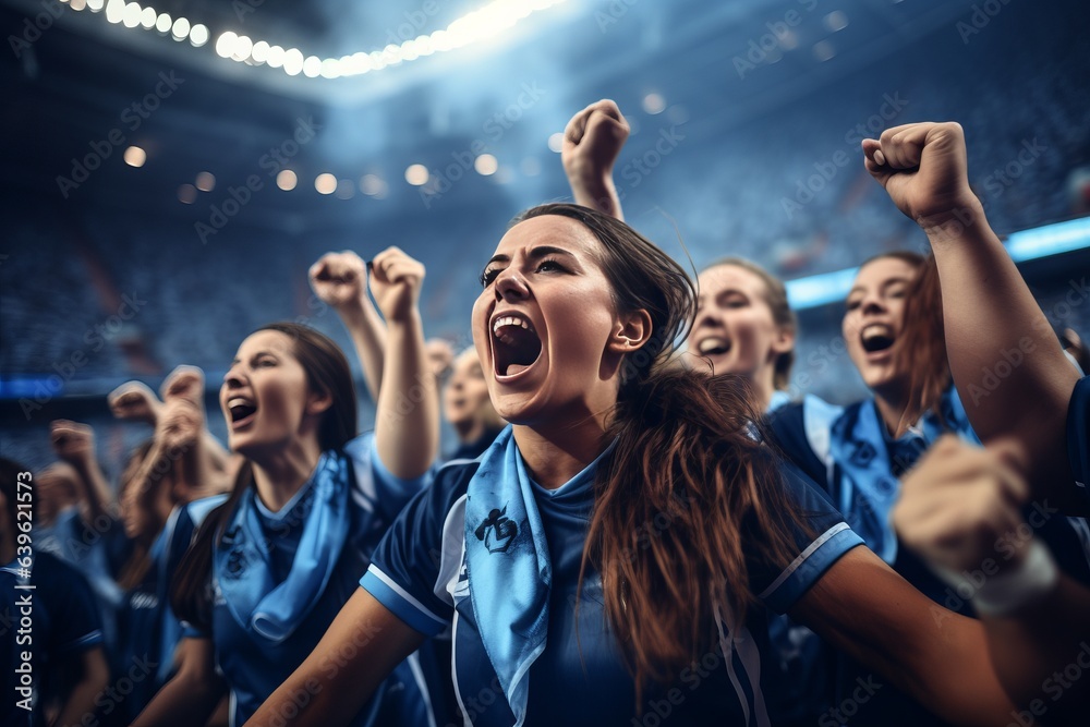A group of girls - a female football sports team in blue uniform cheering because of victory in a game after making a goal at the stadium or a soccer field
