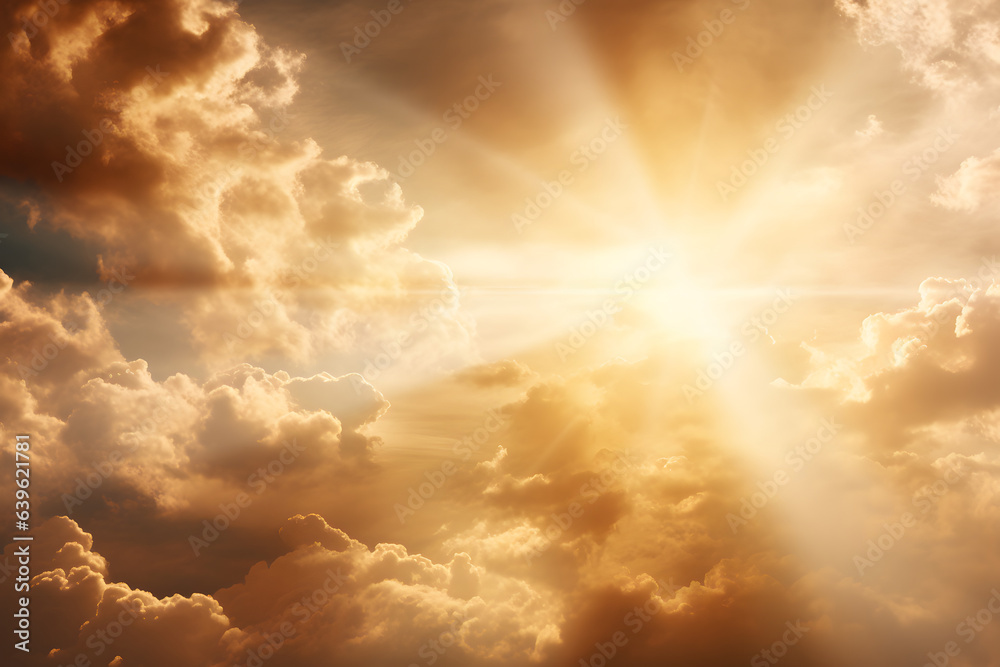 Heavenly rays of light in the clouds. Dreamy inspiring hope concept. Sun rays from heaven. Blessed light.