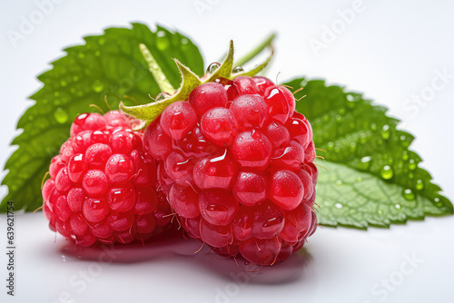 Raspberry isolated. Two red raspberries with green leaf isolate. Raspberry with leaves isolated on white. (ai generated)