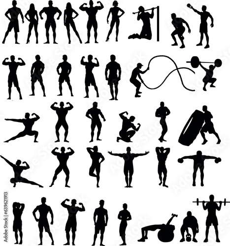 Man and Woman Body Building, Weight Lifting, Exercise, Gym Silhouettes Set 1