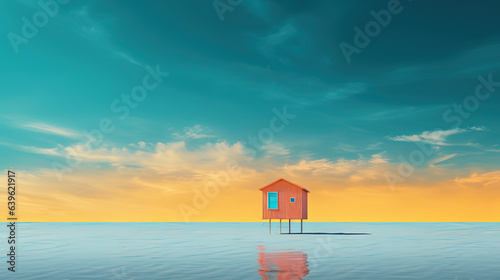 minimal style background, small cabin house distributed surround with water, peaceful tranquil, Generative Ai