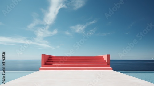 stair way or steps on pink wall contrast with blue sky in sunny day time, minimalism style background with copy space © QuietWord