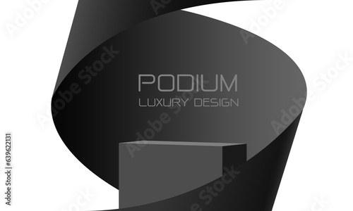 Vector of 3D podium black paper swirl flow on white studio product display stage background