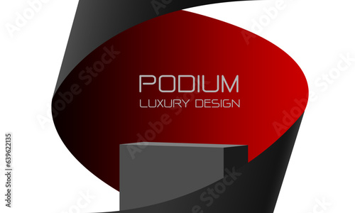 Vector of 3D grey podium black red paper swirl flow on white studio product display stage background