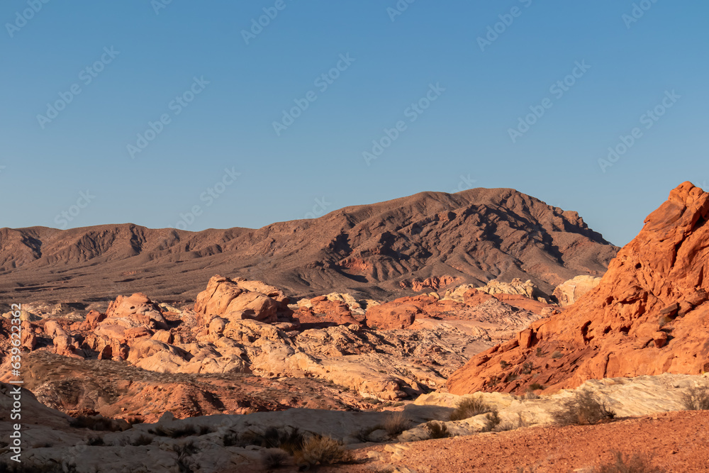 Scenic view of striated red and white Aztek sandstone rock formations in Valley of Fire State Park in Mojave desert, Nevada, USA. Hot temperature in arid landscape on clear summer day. Rainbow vista