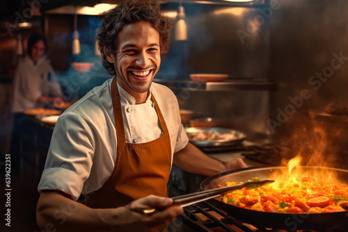 Chef man burns food at a professional kitchen