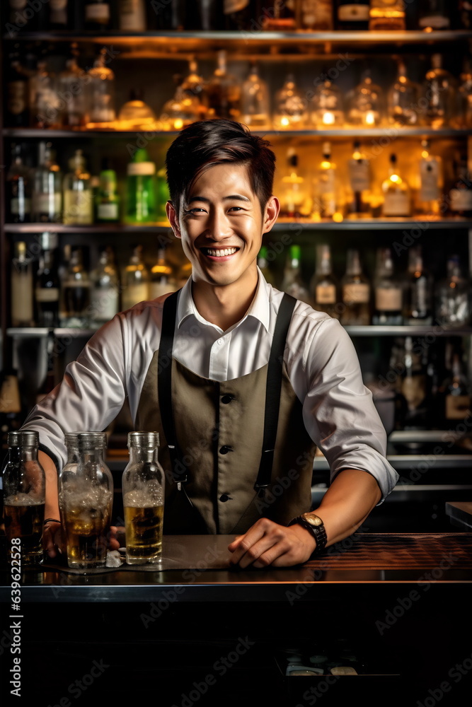 Young smiling Korean bartender on the workplace. Shelves with bottles of alcohol in the background