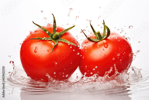Fresh Tomatoes isolated on white. Tomato with drops. Full depth of field. (ai generated)